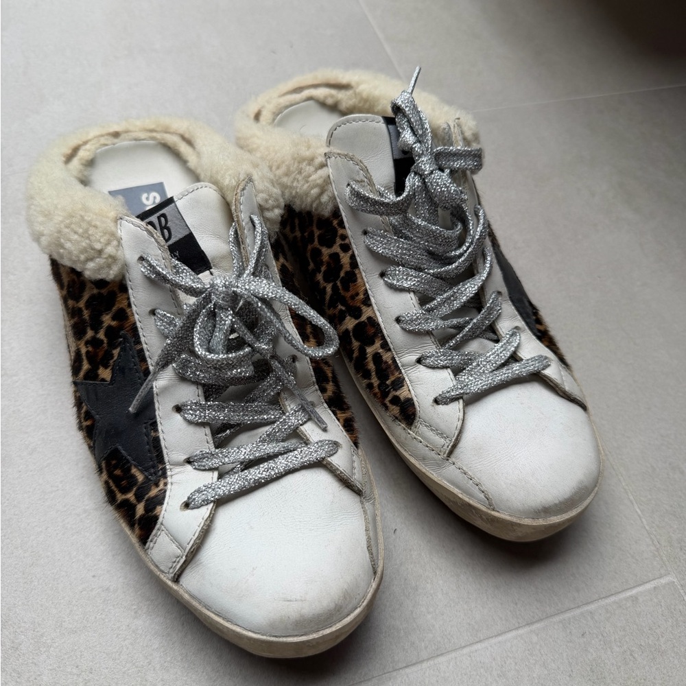 Golden Goose Superstar Sabot Shearling Sneakers Leopard Pony Hair Size 38